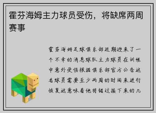 霍芬海姆主力球员受伤，将缺席两周赛事
